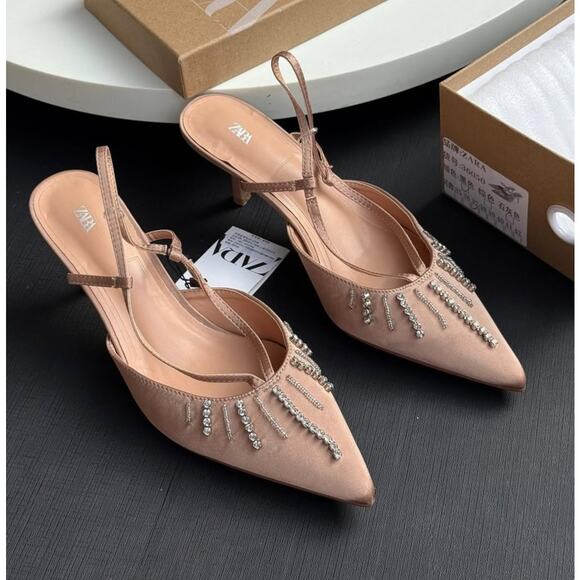 ZARA BLOGGER FAVE!!! Rhinestone Embellished Slingback Heels NWT 🤎 - Picture 7 of 16